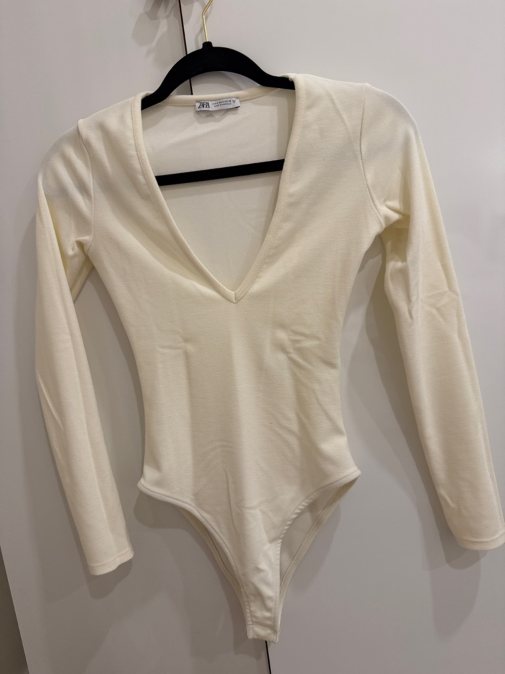 Zara Ivory Deep V Long Sleeve Bodysuit